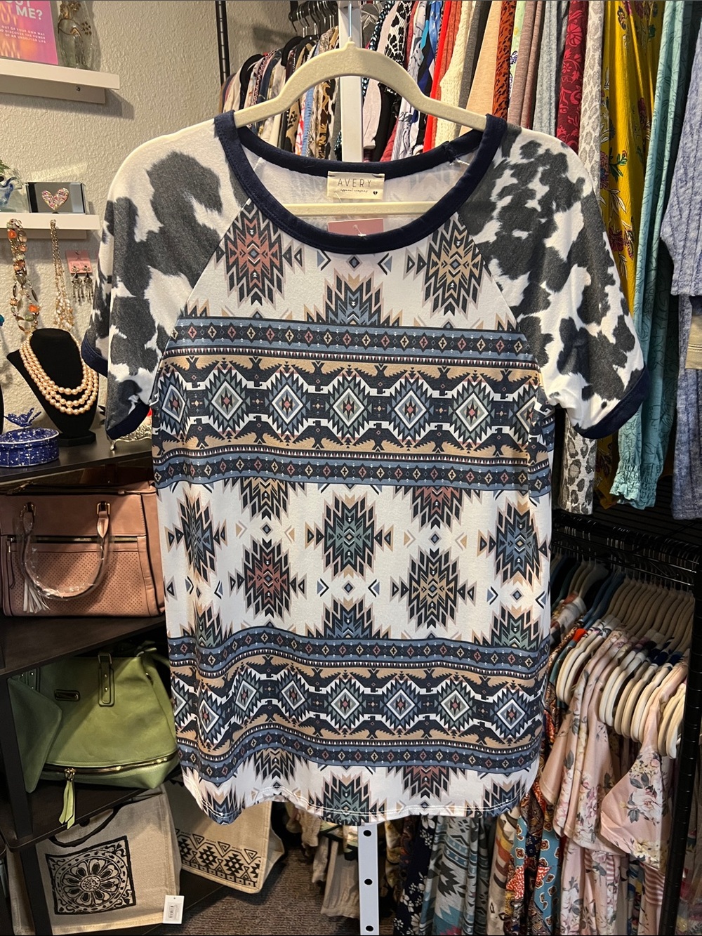 Avery Geometric Pattern Top with Black Trim